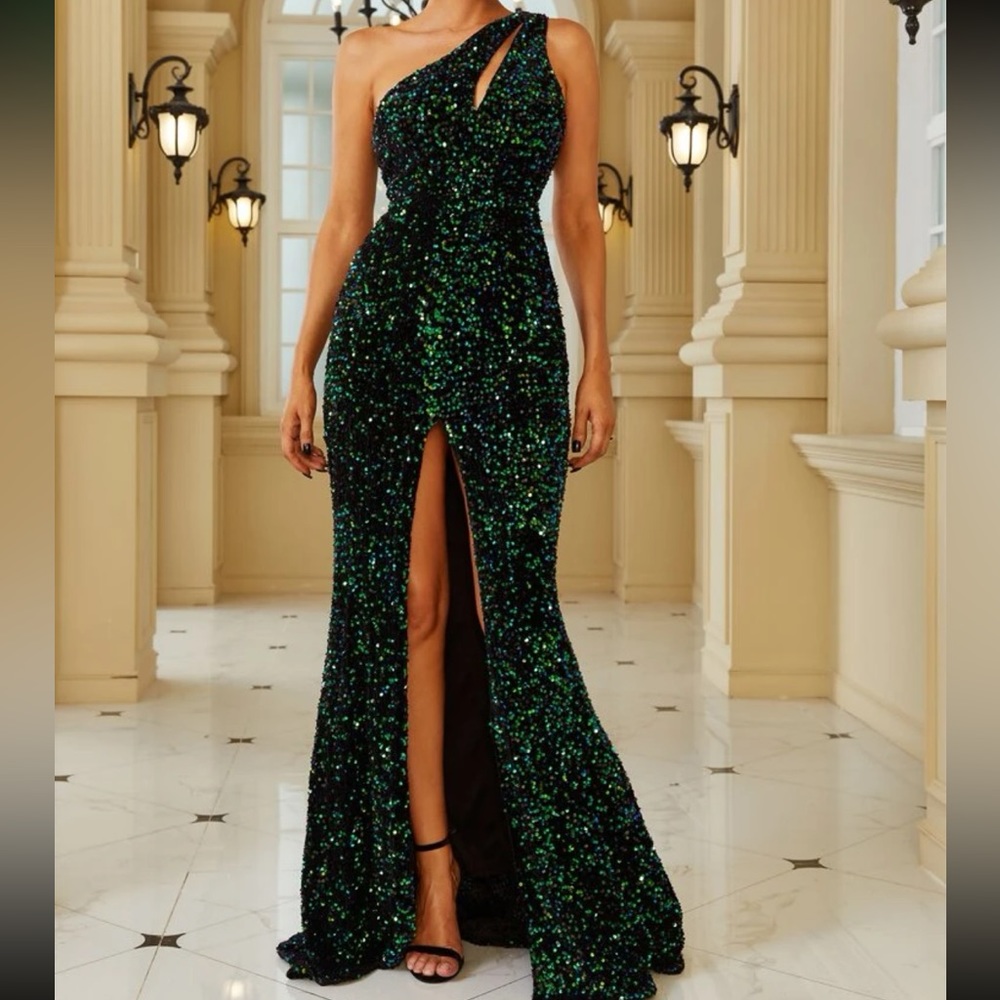Luxe one shoulder cutout slit thigh party formal evening wedding sequins dress - Picture 4 of 6